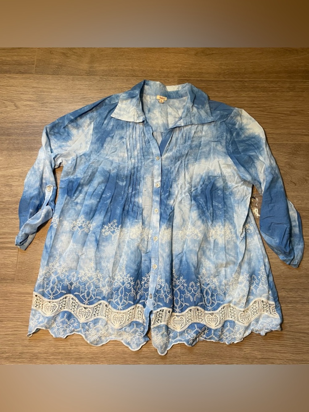 Reba Sky Blue Tie-Dye Embroidered Button-Front Women's XL Tunic Top